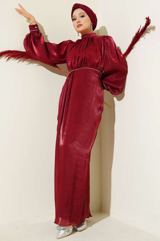 Stone-studded Balloon Sleeve Evening Dress Burgundy