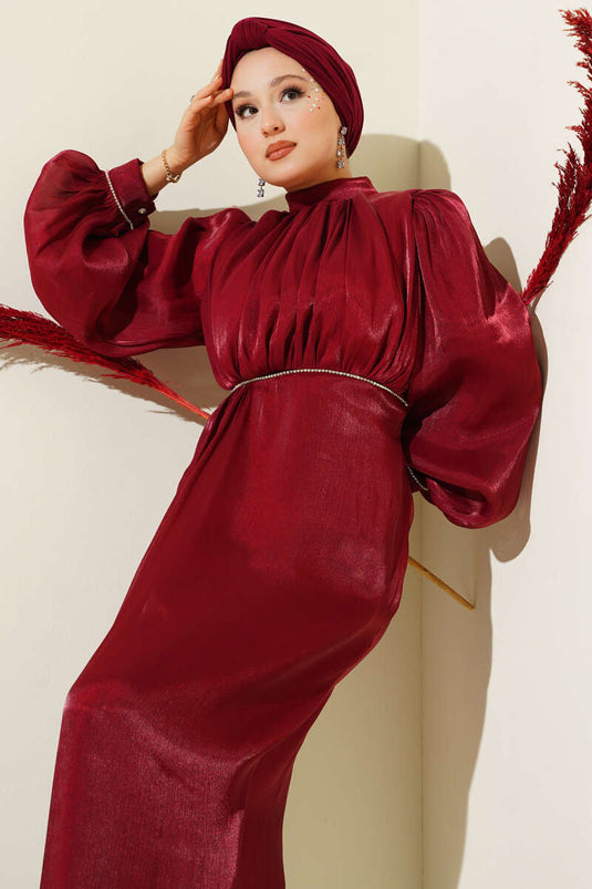 Stone-studded Balloon Sleeve Evening Dress Burgundy