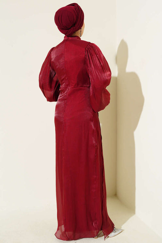 Stone-studded Balloon Sleeve Evening Dress Burgundy