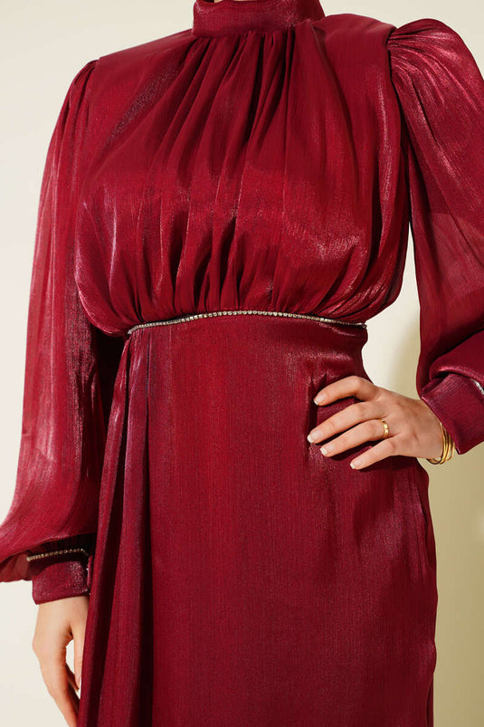 Stone-studded Balloon Sleeve Evening Dress Burgundy