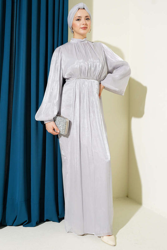 Row-Stoned Balloon Sleeve Evening Dress Gray
