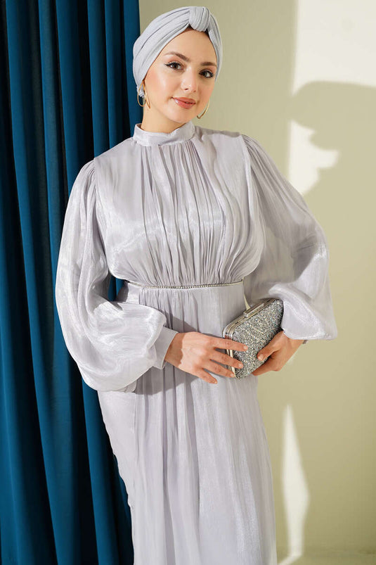 Row-Stoned Balloon Sleeve Evening Dress Gray