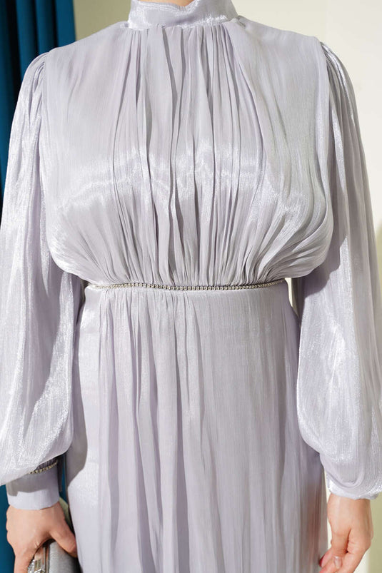 Row-Stoned Balloon Sleeve Evening Dress Gray