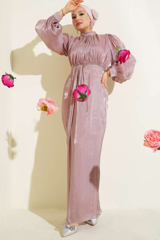 Stone-studded Balloon Sleeve Evening Dress in Dusty Rose