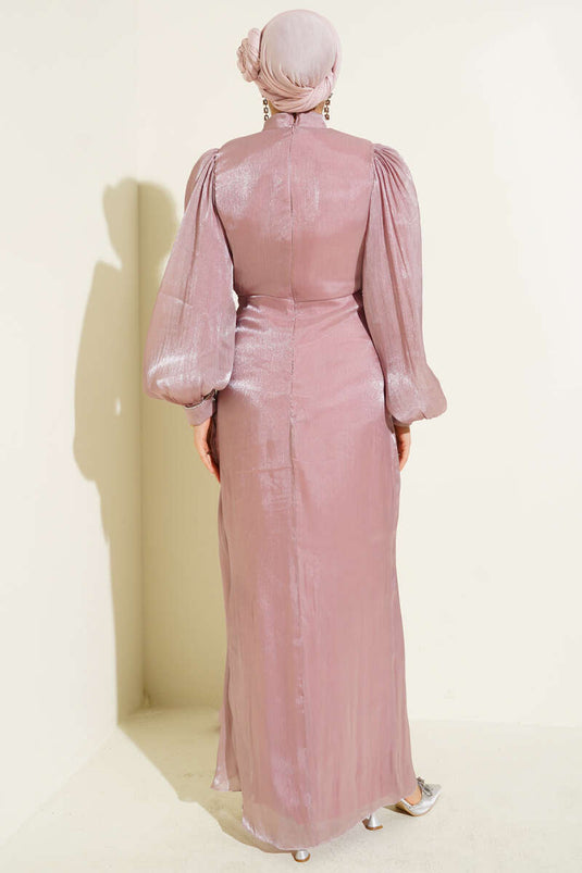 Robe de soirée à manches ballon ornée de pierres, couleur rose poudré