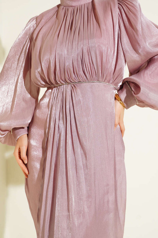 Stone-studded Balloon Sleeve Evening Dress in Dusty Rose