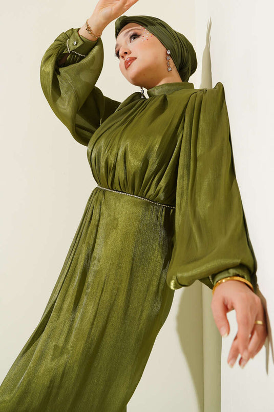 Stone-Stitched Balloon Sleeve Evening Dress Khaki