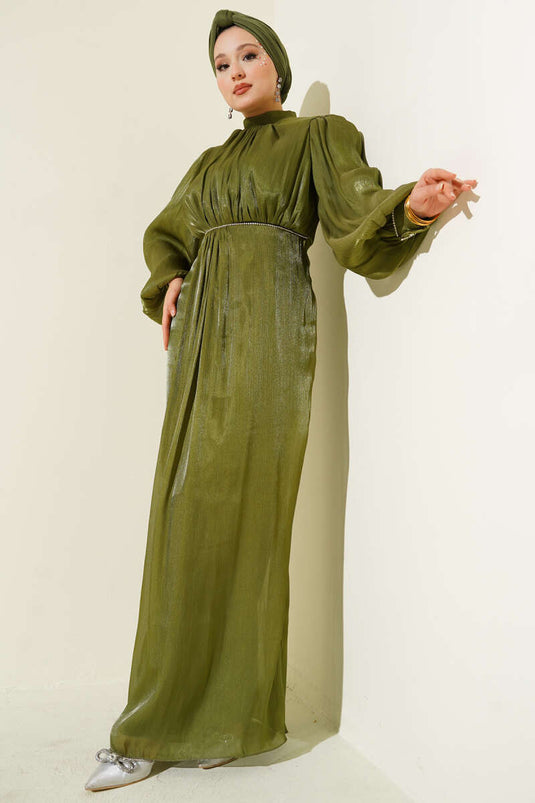 Stone-Stitched Balloon Sleeve Evening Dress Khaki