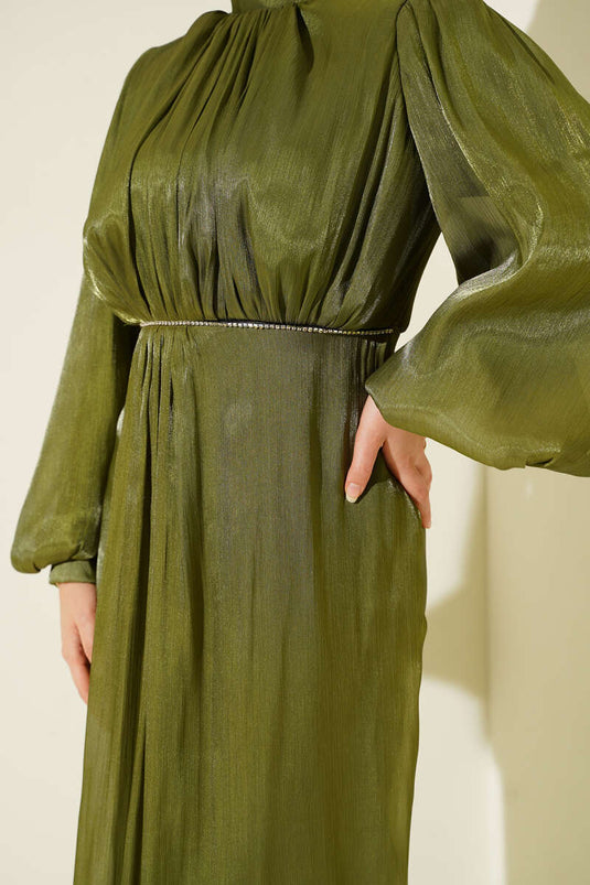 Stone-Stitched Balloon Sleeve Evening Dress Khaki