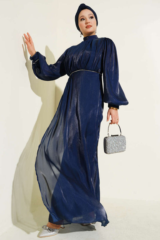 Stone-Stitched Balloon Sleeve Evening Dress Navy Blue