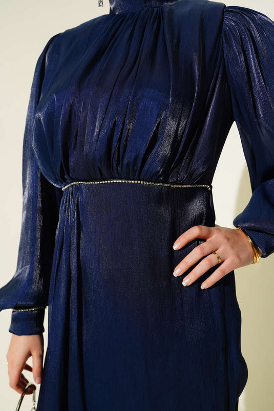 Stone-Stitched Balloon Sleeve Evening Dress Navy Blue