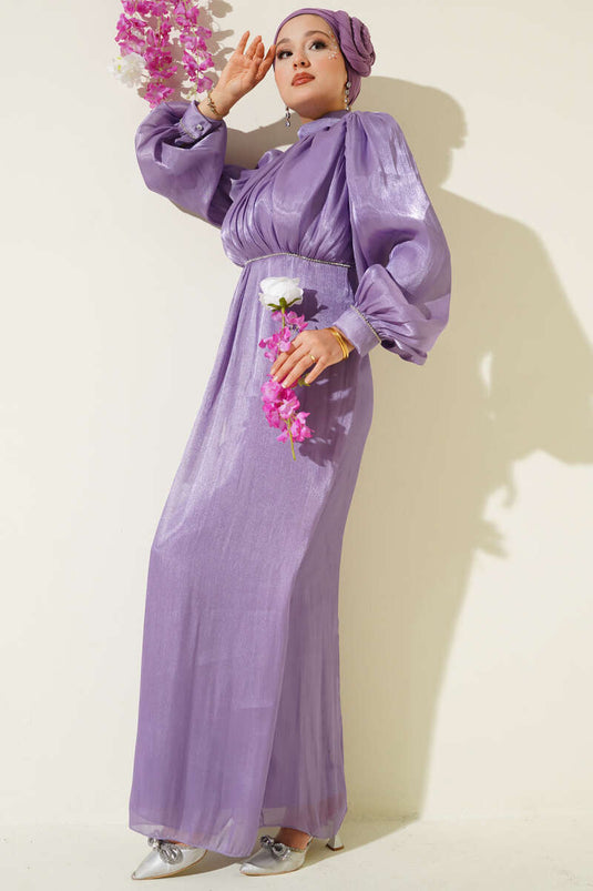 Lilac Balloon Sleeve Evening Dress with Stones