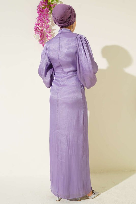 Lilac Balloon Sleeve Evening Dress with Stones