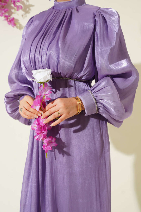 Lilac Balloon Sleeve Evening Dress with Stones