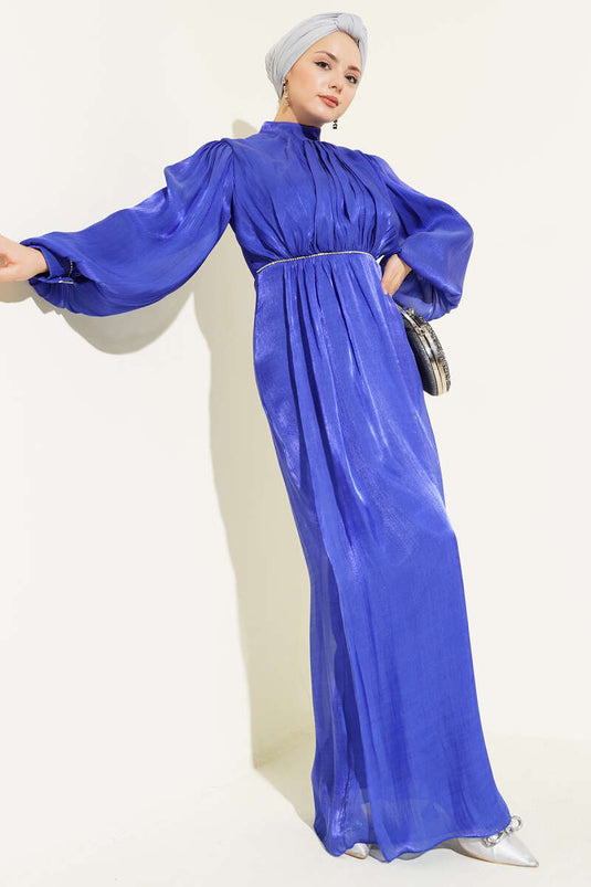 Evening Dress with Row of Stones and Balloon Sleeves, Sapphire Blue