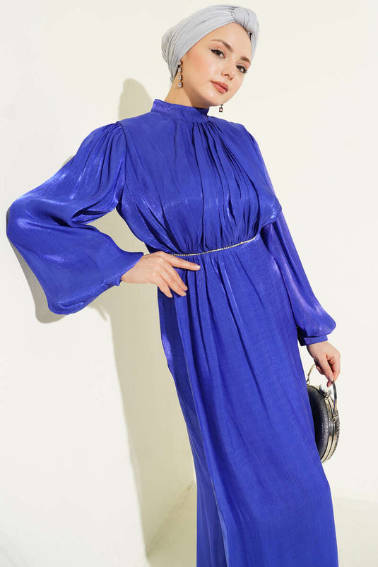 Evening Dress with Row of Stones and Balloon Sleeves, Sapphire Blue