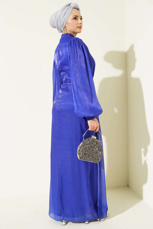 Evening Dress with Row of Stones and Balloon Sleeves, Sapphire Blue