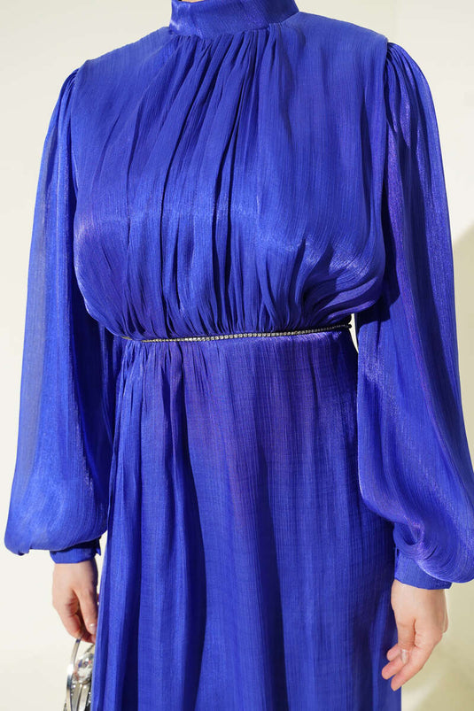 Evening Dress with Row of Stones and Balloon Sleeves, Sapphire Blue