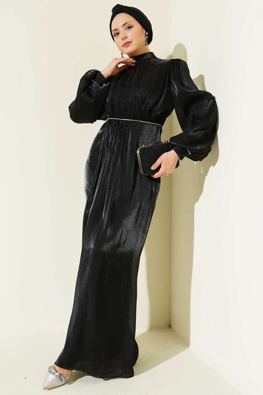 Evening Dress with Row of Stones and Balloon Sleeves Black