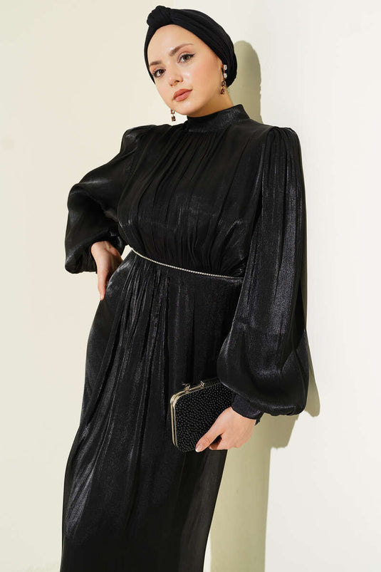 Evening Dress with Row of Stones and Balloon Sleeves Black