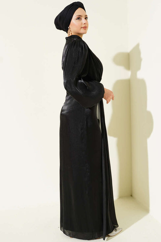 Evening Dress with Row of Stones and Balloon Sleeves Black