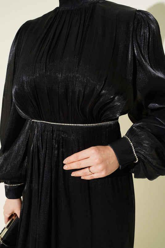 Evening Dress with Row of Stones and Balloon Sleeves Black