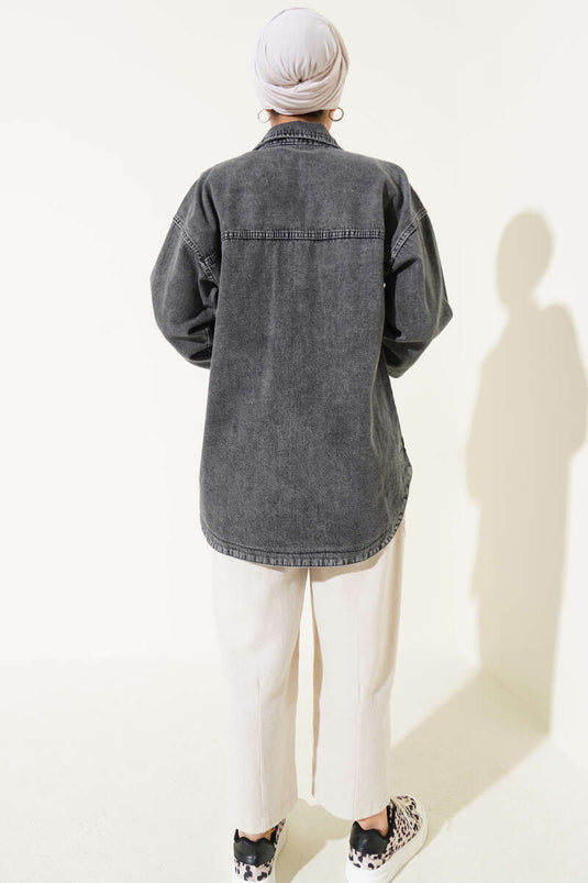 Denim Jacket with Stoned Pockets, Smoke Color