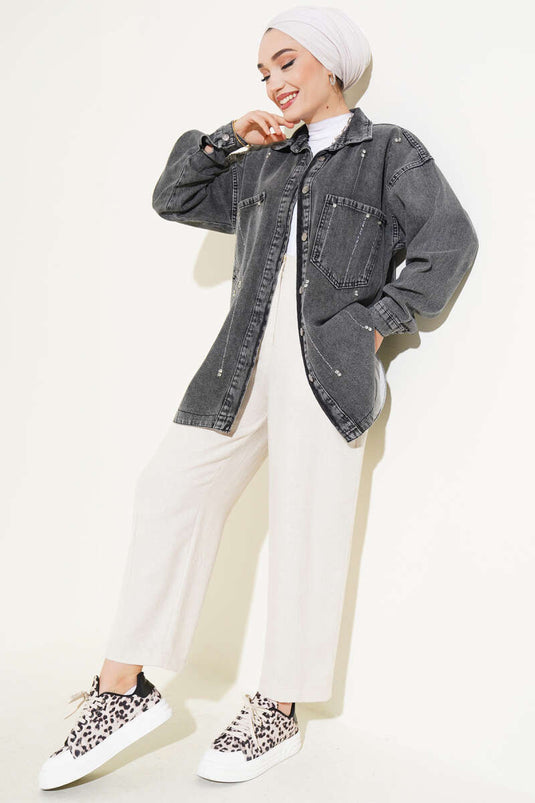 Denim Jacket with Stoned Pockets, Smoke Color