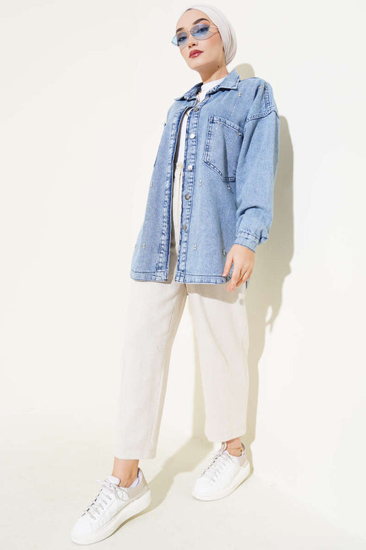 Denim Jacket with Stoned Pockets, Denim Blue