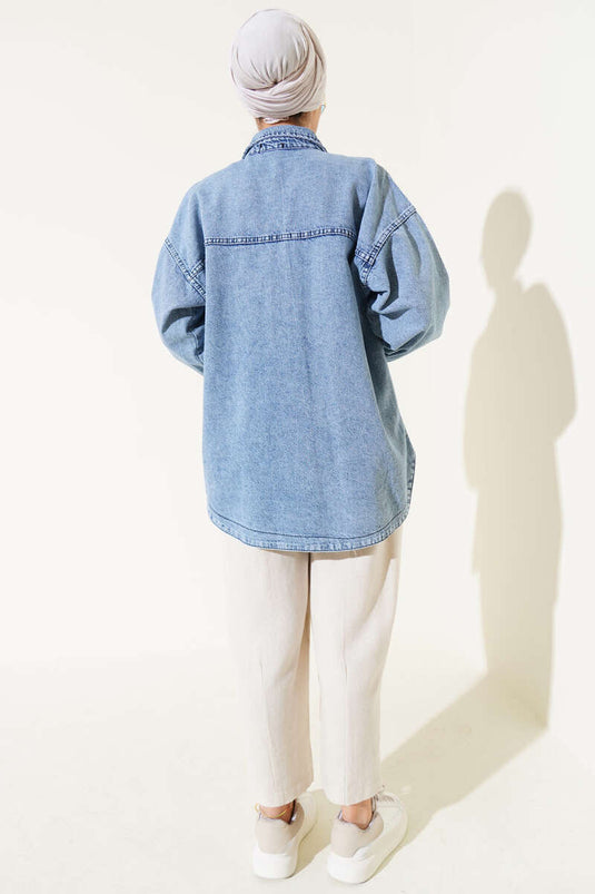 Denim Jacket with Stoned Pockets, Denim Blue