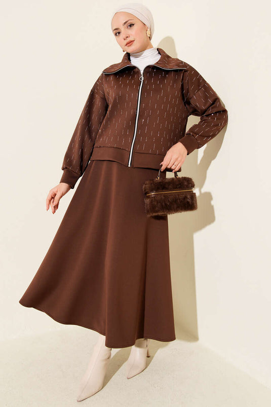 Sıra Taşlı Etekli Scuba İkili Takım Kahve