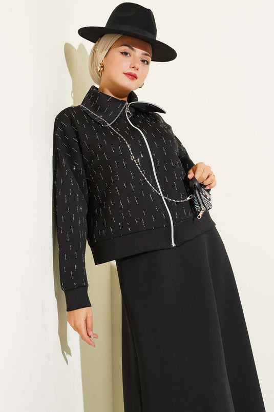 Black Scuba Two-Piece Set with Embellished Skirt