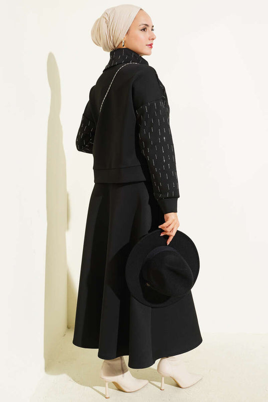 Black Scuba Two-Piece Set with Embellished Skirt