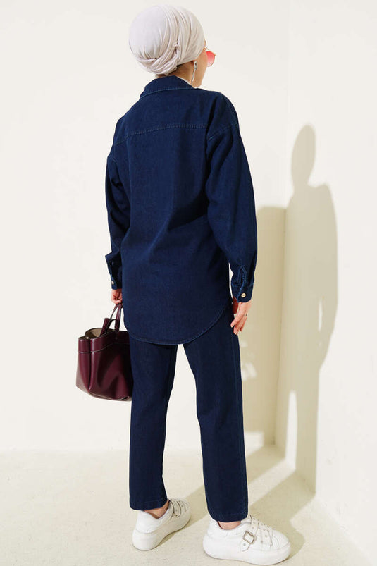 Row-Stoned Denim Two-Piece Set Navy Blue