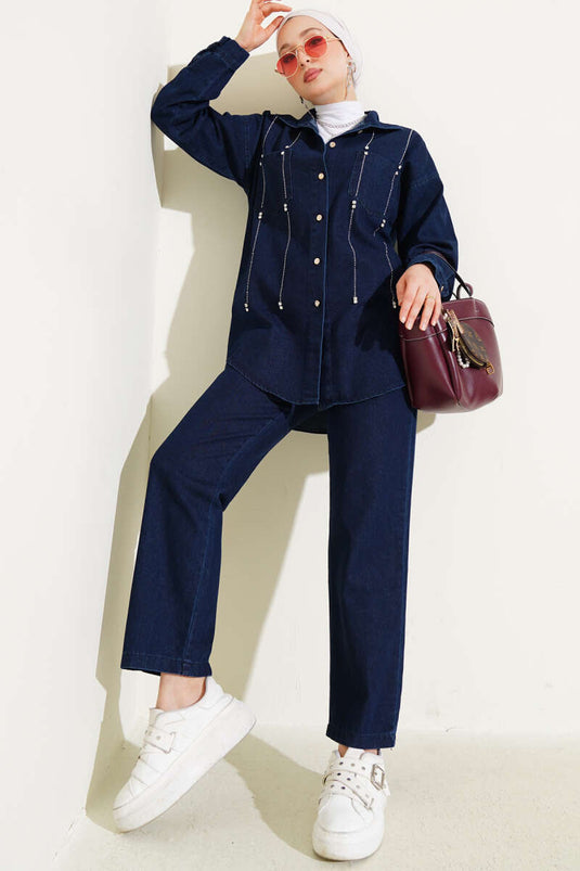 Row-Stoned Denim Two-Piece Set Navy Blue