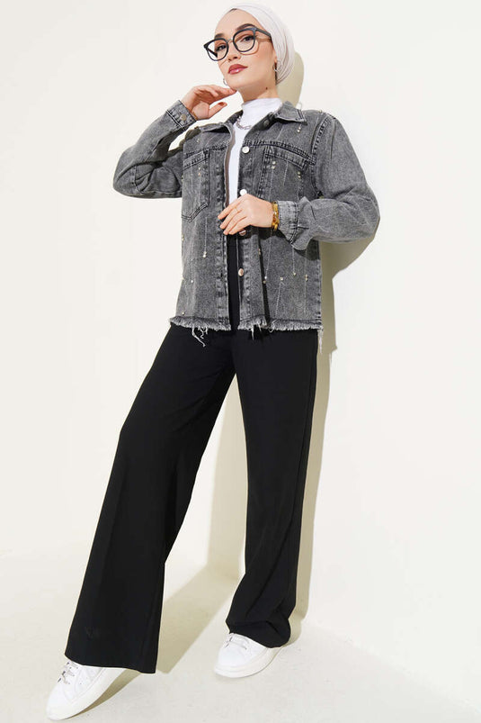 Short Denim Jacket with Stoned Tassels in Smoke Color