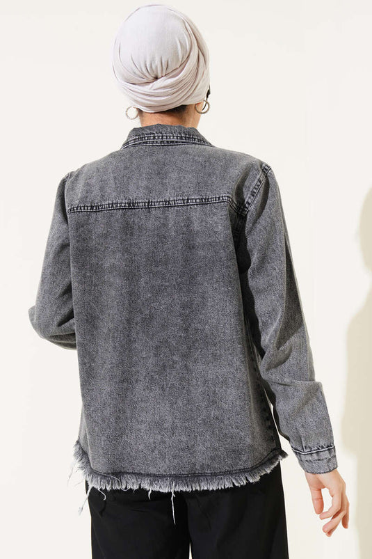 Short Denim Jacket with Stoned Tassels in Smoke Color