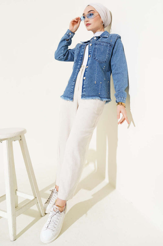 Short Denim Jacket with Tassels and Stones