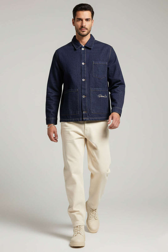 Men's Denim Jacket with Back Support Navy Blue