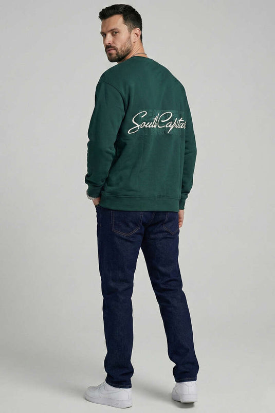 سويت شيرت رجالي بطبعة على الظهر بلون أخضر زيتوني