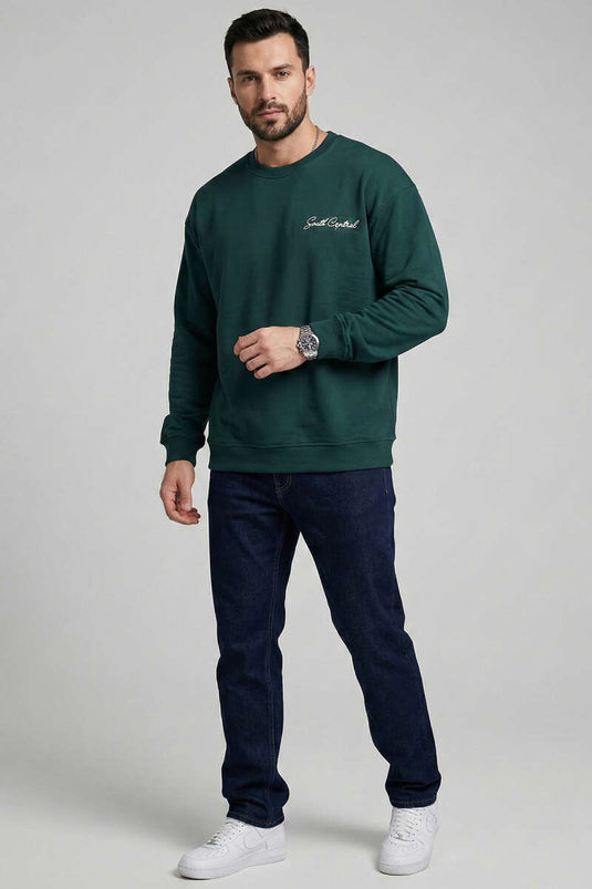 سويت شيرت رجالي بطبعة على الظهر بلون أخضر زيتوني