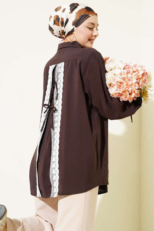 Back Lace Drawstring Tencel Shirt Dark Brown