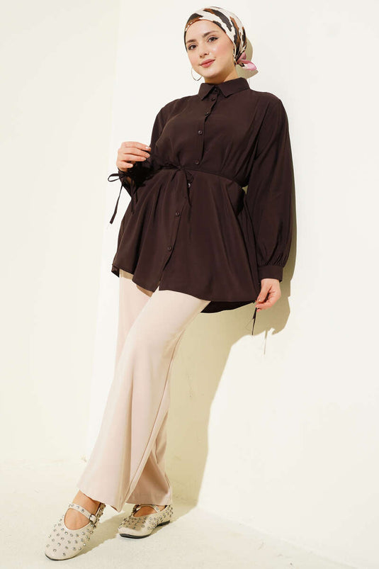 Back Lace Drawstring Tencel Shirt Dark Brown
