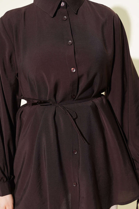 Back Lace Drawstring Tencel Shirt Dark Brown