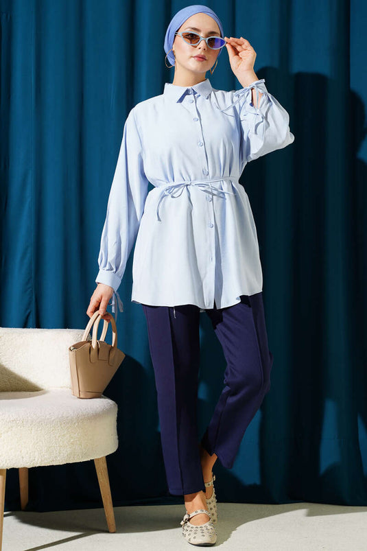 Sırt Dantelli İpli Tensel Gömlek Bebe Mavi