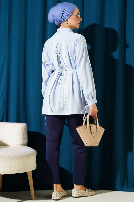 Sırt Dantelli İpli Tensel Gömlek Bebe Mavi