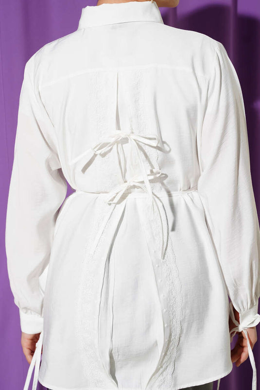 Back Lace Drawstring Tencel Shirt White