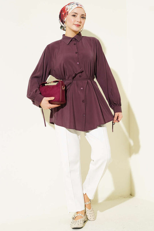 Back Lace Drawstring Tencel Shirt Mulberry