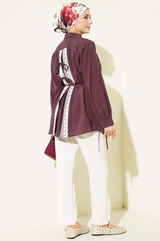 Back Lace Drawstring Tencel Shirt Mulberry
