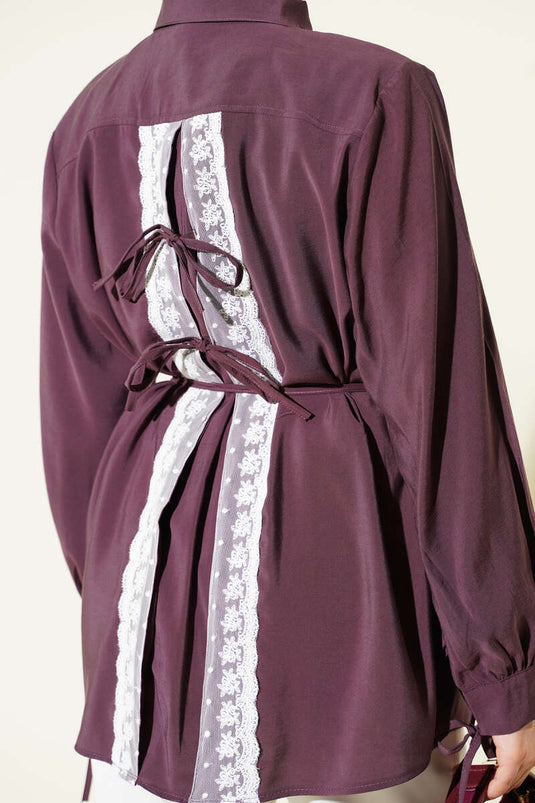 Back Lace Drawstring Tencel Shirt Mulberry